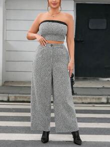 SHEIN Privé Plus Size Women's Contrast Trim Bandeau Top And Wide Leg Pants Two Piece - Multicolor - View 1