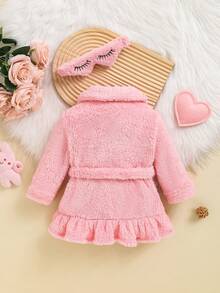 SHEIN 嬰兒女孩休閒粉色柔軟中長款家居外套和頭箍套裝 - 粉色 - 查看 2
