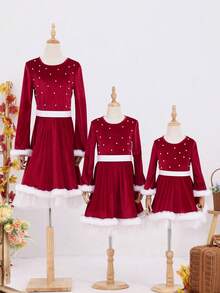 SHEIN Cô Gái Trẻ Ngọc trai đính cườm Tương phản 	
Fuzzy Cổ tay áo Đầm - Đỏ - Xem 5