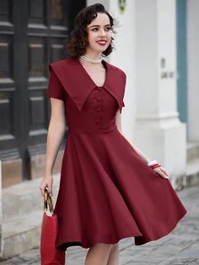 MUXXN Vintage 1950's Button Down Wrap V Neck Midi Casual Cocktail Prom Party Swing Dresses - Maroon - View 5