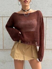 SHEIN Unity 女士船頸透視休閒毛衣 - 咖啡棕 - 查看 4