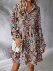 SHEIN Clasi Paisley In Tay áo lồng đèn Đầm - Đỏ - Xem 4
