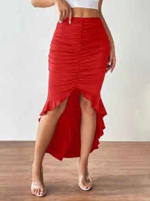 Firerie Asymmetrical Hem Pleated Skirt With Ruffle Hem Design