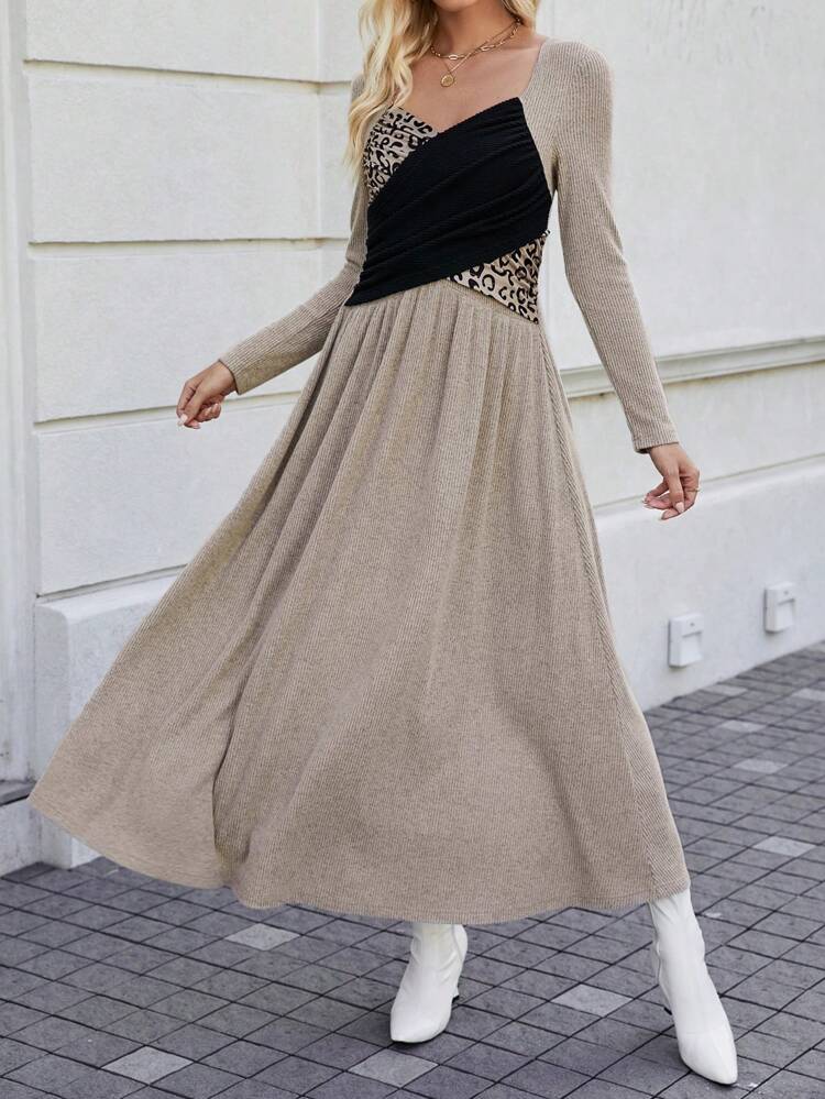 Women's Leopard Print Color Block Cross Wrap Dress Fall Cloth For Women