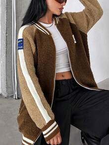 EURMUSE 女士字母拼接拉鍊棒球外套 - 棕色 - 查看 3