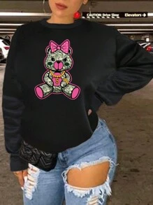 SHEIN EZwear 女士卡通熊圖案下垂肩寬鬆運動衫 - 黑色 - 查看 1