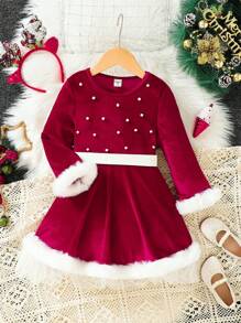 SHEIN Cô Gái Trẻ Ngọc trai đính cườm Tương phản 	
Fuzzy Cổ tay áo Đầm - Đỏ - Xem 1