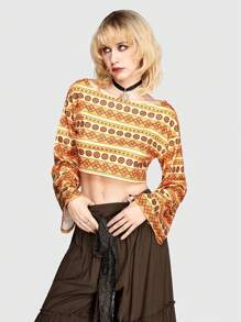 ROMWE Hippie Geometrisches Muster Glockenärmel-t-shirt Für Frauen