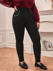 SHEIN Frenchy Plus Size High Waist Rivet Leggings With Pockets And Button Decor - Black - View 3