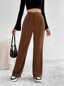 SHEIN Tall 高腰直筒純色長褲 - 棕色 - 查看 1
