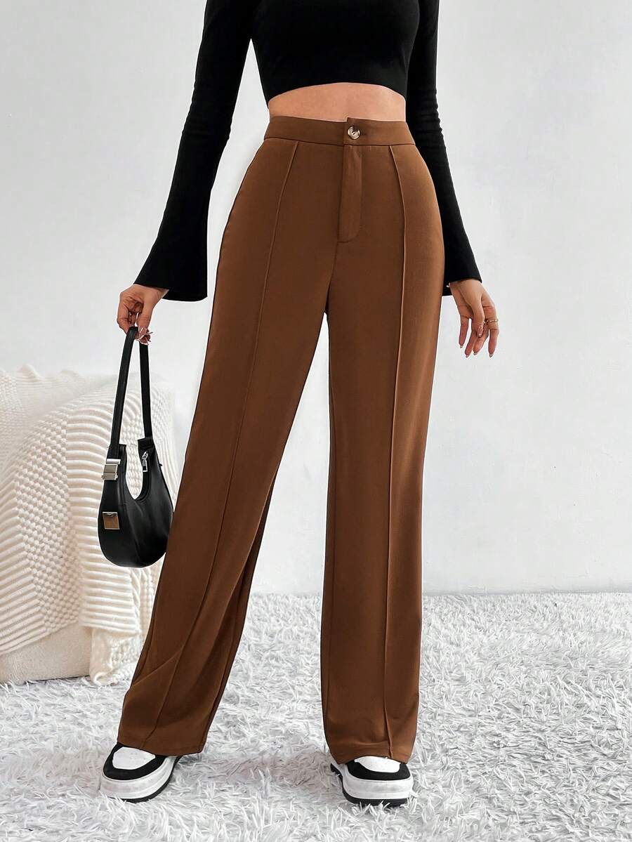 SHEIN Tall 高腰直筒純色長褲 - 棕色 - 查看 1