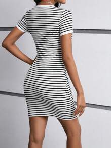 SHEIN EZwear Vestido De Mujer De Punto A Rayas En Blanco Y Negro - Blanco - Ver 2