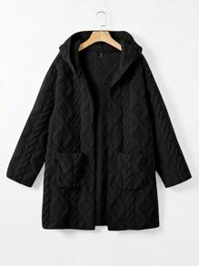 SHEIN EZwear Của phụ nữ áo có mũ Mặt trước Mở Lông Áo khoác - màu đen - Xem 1