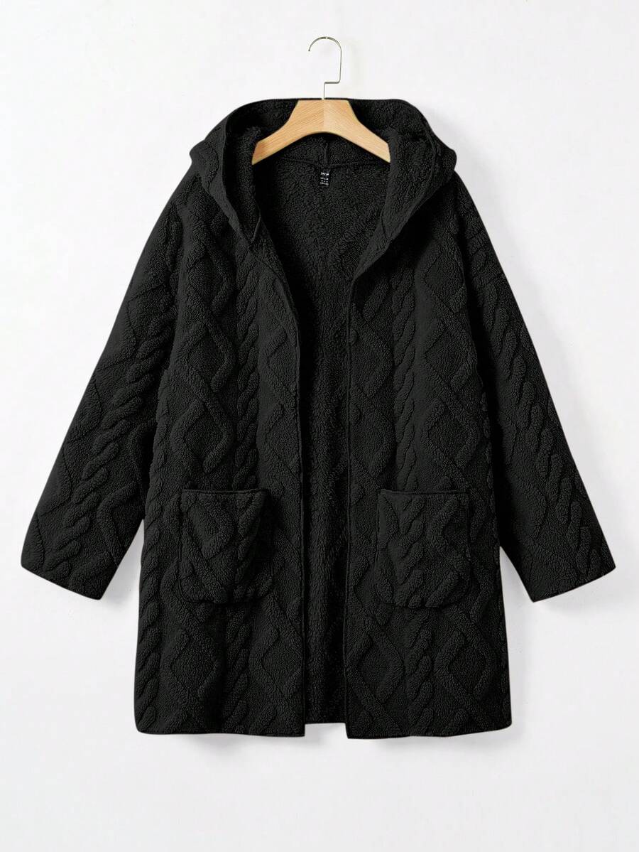 SHEIN EZwear Của phụ nữ áo có mũ Mặt trước Mở Lông Áo khoác - màu đen - Xem 1