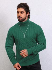 Manfinity Homme Nam Màu thuần Cổ cao Xoắn Dan Áo len - Màu xanh lá cây đậm - Xem 5