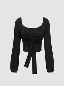 SHEIN Unity Tie Back Solid Color Crop Top - Black - View 1