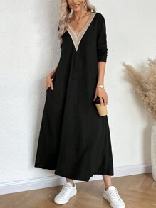 SHEIN LUNE 拼接蕾絲v領長袖洋裝 - 黑色 - 查看 4