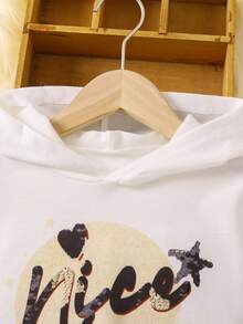 SHEIN Explorewe Nhỏ bé Cô gái Dễ thương áo có mũ Ngôi sao & In thư Tay áo dài Áo nỉ , Mùa Thu /đông - trắng - Xem 3