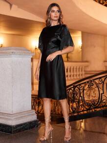 Anewsta Tassel Patchwork Batwing Sleeve Dress - Black - View 7