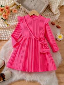 SHEIN Toddler Girls' Ruffle Trim Ribbed Knit Dress With Matching Bag - Hot Pink - View 1
