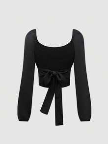 SHEIN Unity Tie Back Solid Color Crop Top - Black - View 2