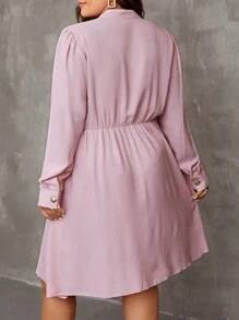 SHEIN Franclia 大碼束口腰襯衫連衣裙 - 粉色 - 查看 2