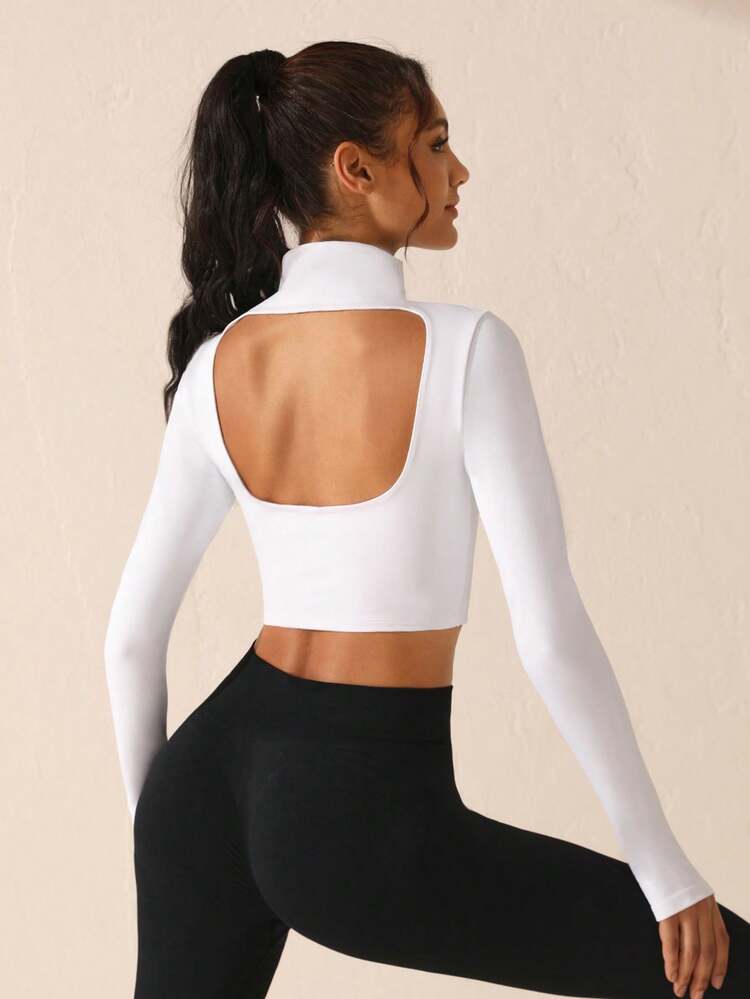 Women's Letter Print High Neck Hollow Out Back Athletic T-shirt