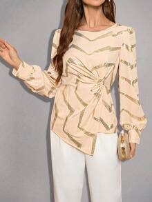 SHEIN Clasi Gold Foil In Mặt trước xoắn Vòng cổ Tay áo dài Áo sơ mi - Màu be - Xem 4