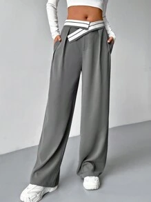 SHEIN EZwear 拼色階梯腰西裝褲 - 灰色 - 查看 5