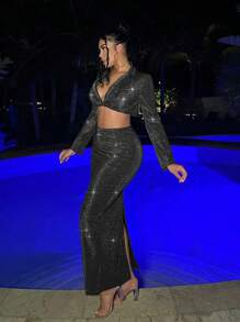 SHEIN SXY Women's Glitter Party Date Long Skirt & Suit Set - Black - View 4