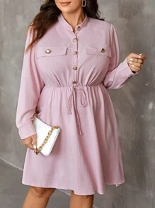 SHEIN Franclia 大碼束口腰襯衫連衣裙 - 粉色 - 查看 3