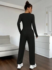 SHEIN EZwear 女士字母印花長袖 T 恤和慢跑褲套裝 - 黑色 - 查看 2