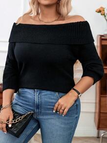 Calvaya 女款大尺碼領口露肩毛衣 - 黑色 - 查看 1