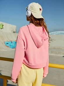 SHEIN Sports 女士字母印花袋鼠口袋抽绳卫衣 - 粉色 - 查看 2