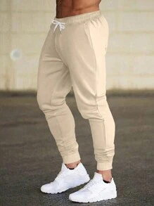 Manfinity Homme Pantalones de chándal de cintura con cordón de unicolor para hombre - Caqui - Ver 1