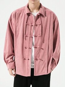 男士中国风复古宽松灯芯绒长袖衬衫，防风保暖 - 粉色 - 查看 6