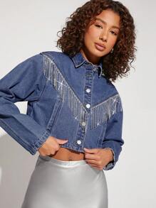 Denimoi Rhinestone Fringe Long Sleeves Crop Denim Jacket - Medium Wash - View 1