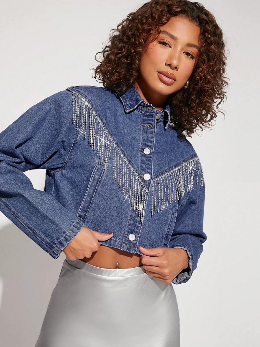 Denimoi Rhinestone Fringe Long Sleeves Crop Denim Jacket - Medium Wash - View 1