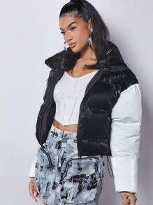 SHEIN Haute Colorblock Zip Up Padded Coat - Black and White - View 6