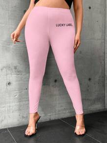 Flirla 加大尺碼字母印花高腰打底褲 - 粉色 - 查看 1