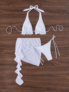 SHEIN Swim 白色吊带三角杯比基尼套装带罩裙婚礼，适合夏季海滩度假 - 白色 - 查看 4