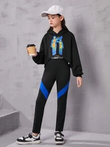 Tween Girls' Knitted Hoodie Sweatshirt & Letter Printed Elastic Waistband Pants Streetwear Sportswear Set
