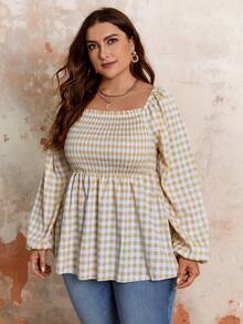 SHEIN Franclia Kích thước lớn Cổ áo vuông Tay áo lồng đèn Áo sơ mi - Màu Khaki - Xem 4