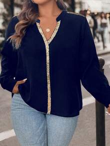 SHEIN CURVE+ Cămașă cu decor cu mărgele cu decolteu în V de mărime plus - Albastru marin - Vizualizare 5