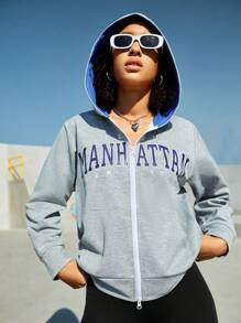 Streetz SHEIN Sport Text Printed Zipper Hooded Sports Sweatshirt - Grey - View 10