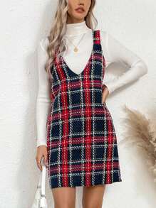 SHEIN LUNE Plaid Print Overall Dress Without Sweater - Multicolor - View 3