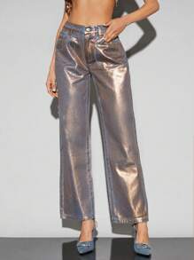 SHEIN BAE 金属色女士宽松直筒牛仔裤，适合西式装扮、圣诞派对、新年夜等场合。 - 金色 - 查看 5