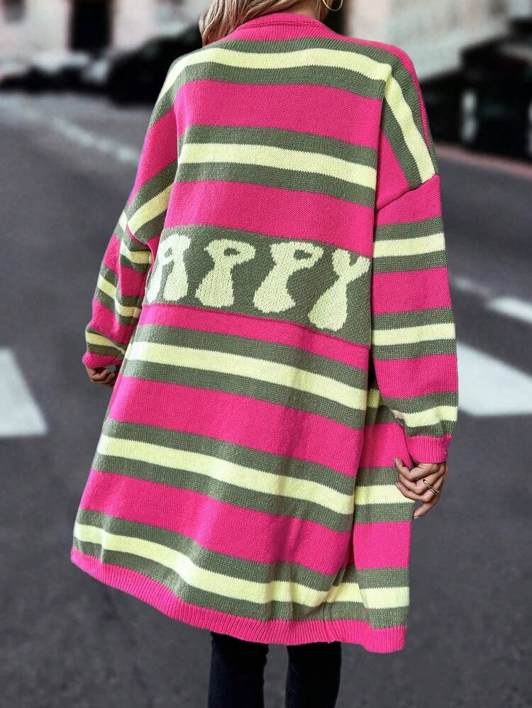 Women's Contrast Stripe Drop Shoulder Cardigan With Letter Print And Open Front Fall Cloth For Women