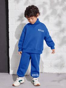 SHEIN 2 件装年轻男孩宽松字母印花高领运动衫和裤子套装，羊毛，加厚 - 藍色 - 查看 3