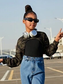 Cô gái Tween Phong cách đường phố Camo Ngắn Áo len crop Với Áo ba lỗ - Nhiều màu - Xem 6